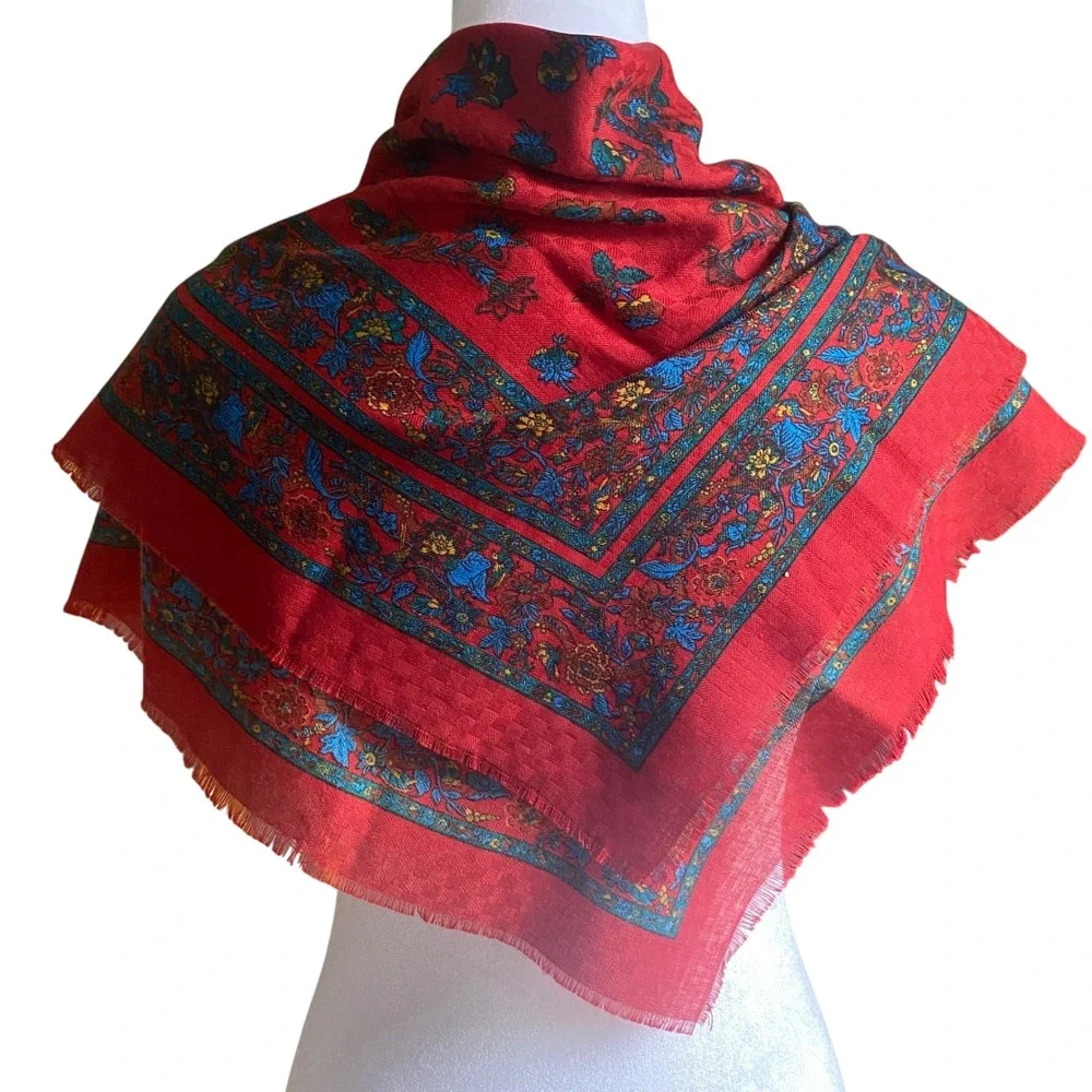 Vintage Made in Italy Red Floral Paisley Square Scarf Fringed 31x31